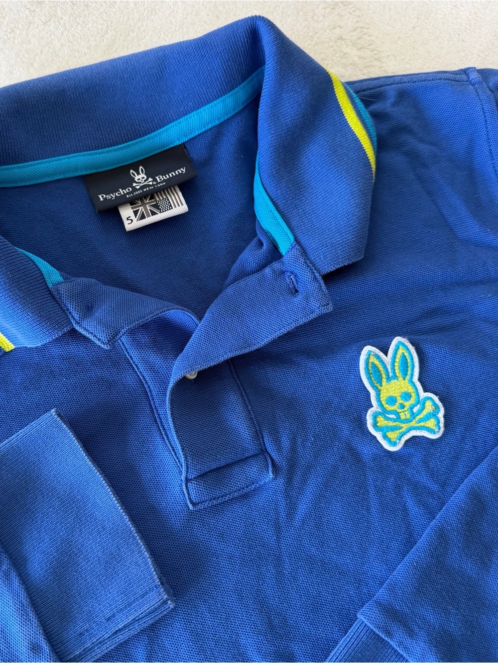 Psycho Bunny Polo Shirt Mens Medium 5 Blue Logo Cotton Pique Long Sleeve